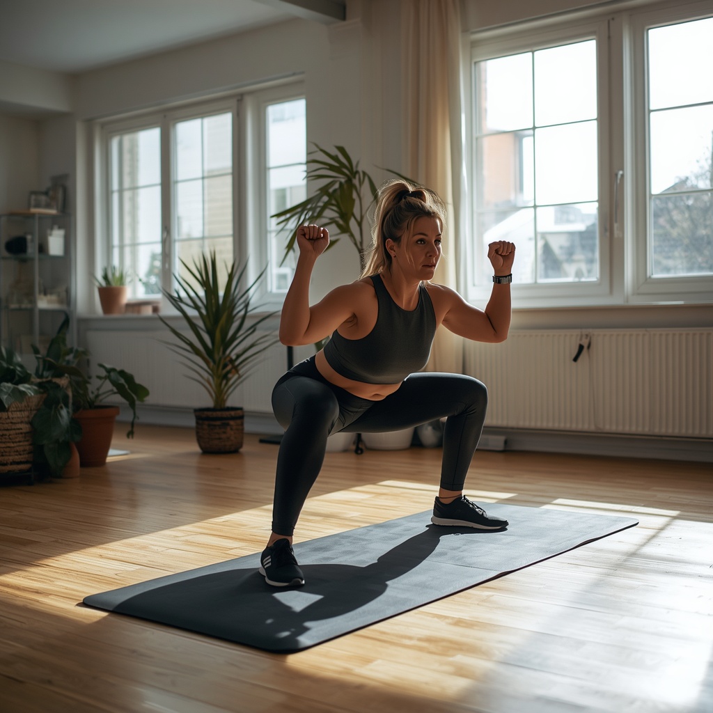 A person performing a intense bodyweight squat thrust exercise in a bright modern living room with natural light streaming through windows, fitness mat on wooden floor, motivational atmosphere with indoor plants